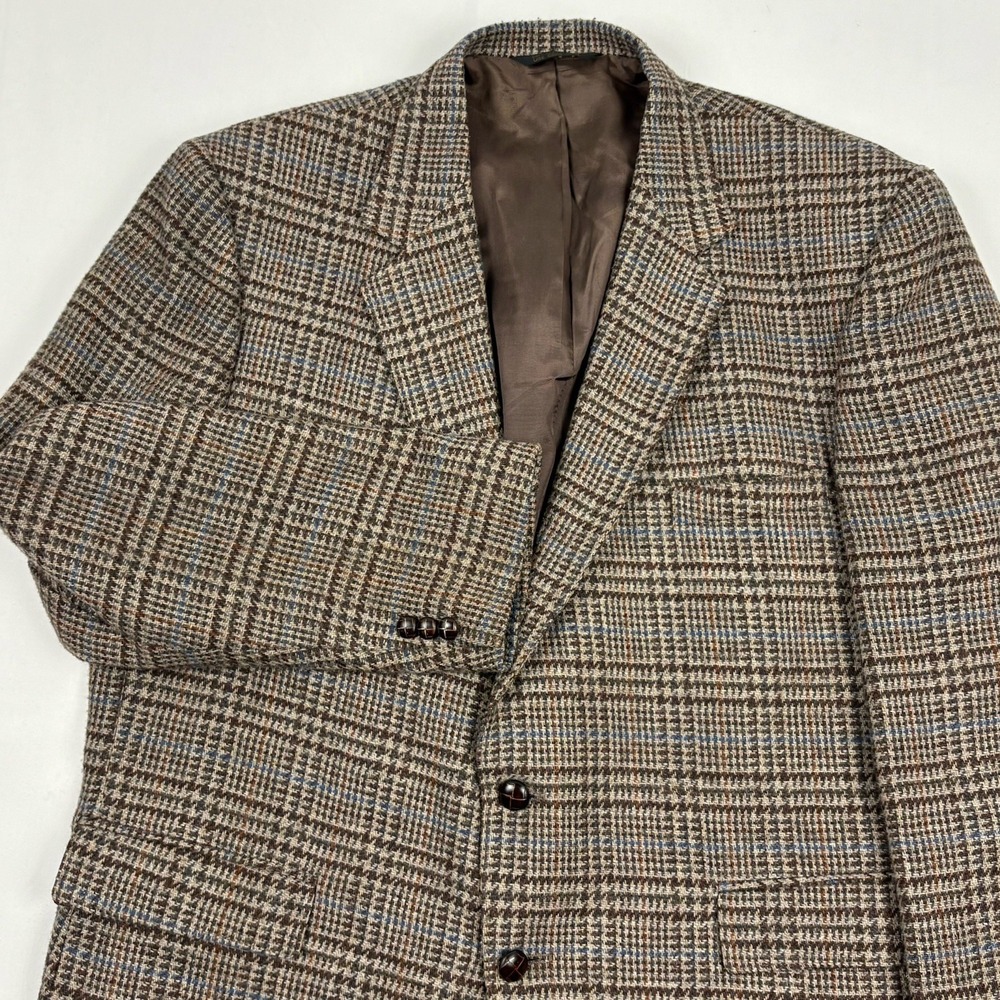 VTG Blair Wool Flannel Tweed Sport Coat Brown Glen Plaid Blue/Rust Windowpane